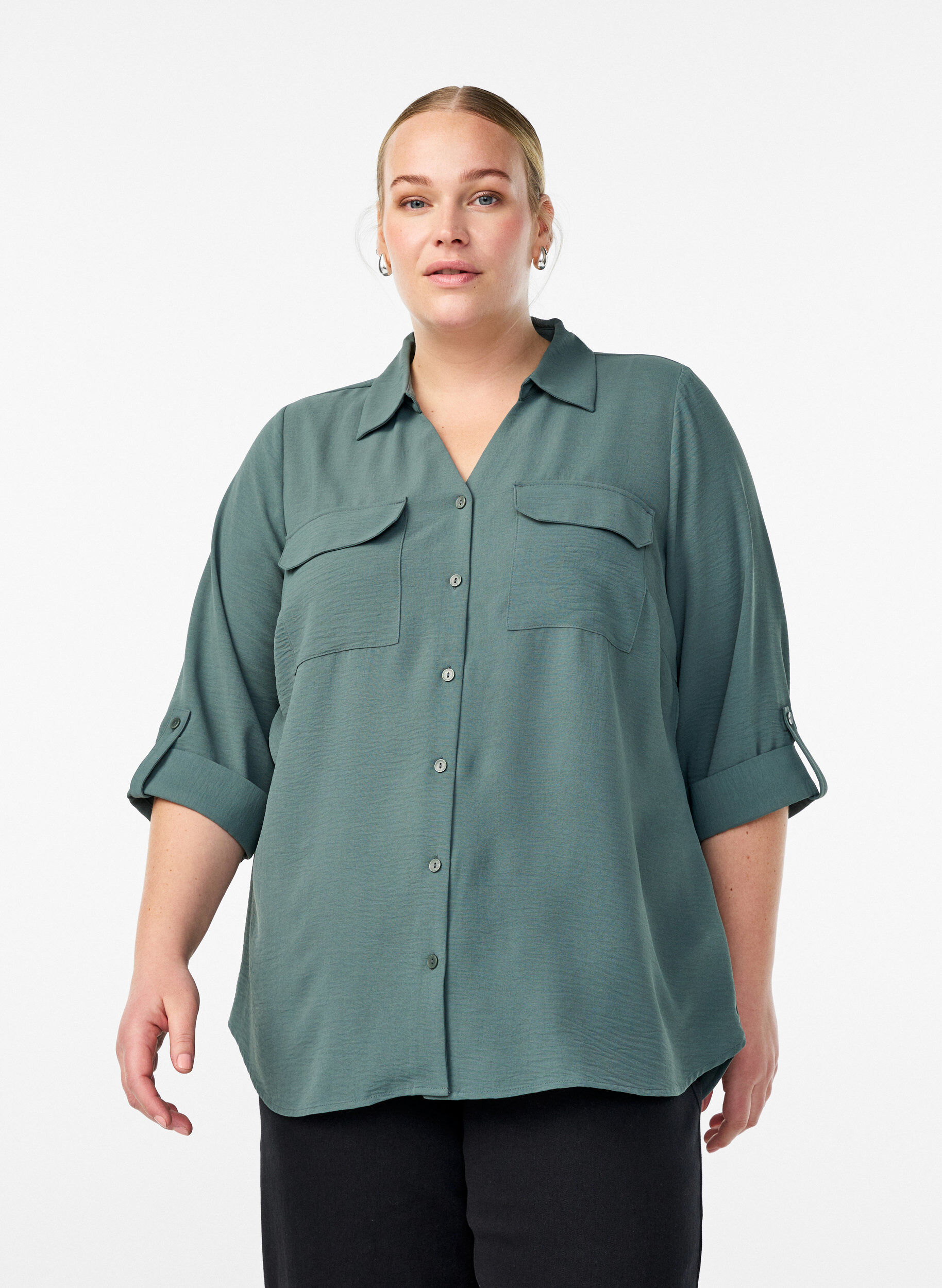 FLASH - Shirt met 3/4 mouwen en borstzakken, Groen, Model