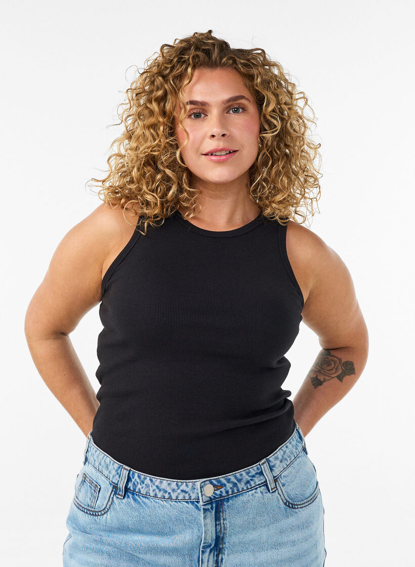 Katoenen ribtop met hoge hals, Zwart, Model image number 0