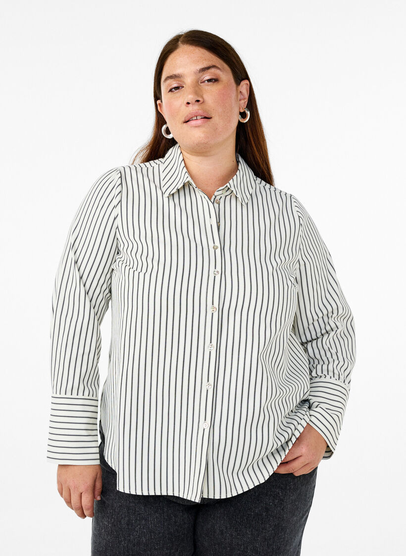 Gestreept shirt met wijde manchetten, White/Black Stripe, Model