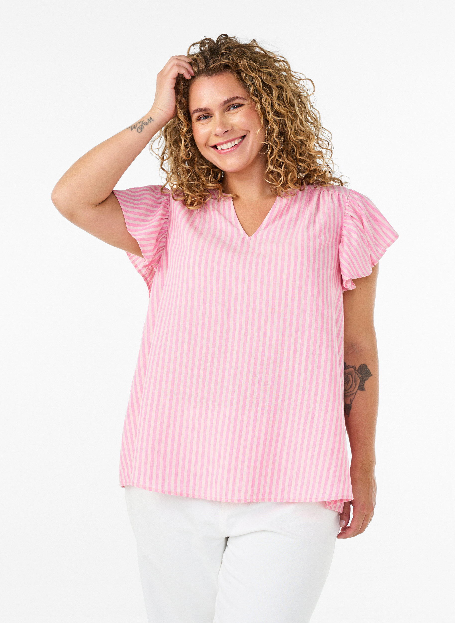 Viscose en linnen blouse met ruches aan de mouwen, Roze, Model