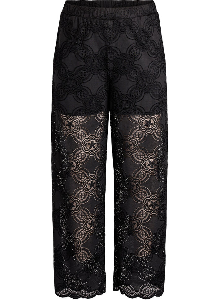 High-waisted kanten broek met wijde pijpen, Zwart, Packshot image number 0