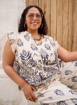 ZizziMouwloze blouse met ruche en print, Birch Black AOP, Image image number 0