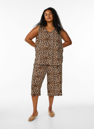 ZizziTop met print en V-hals, Bruin, Model image number 1