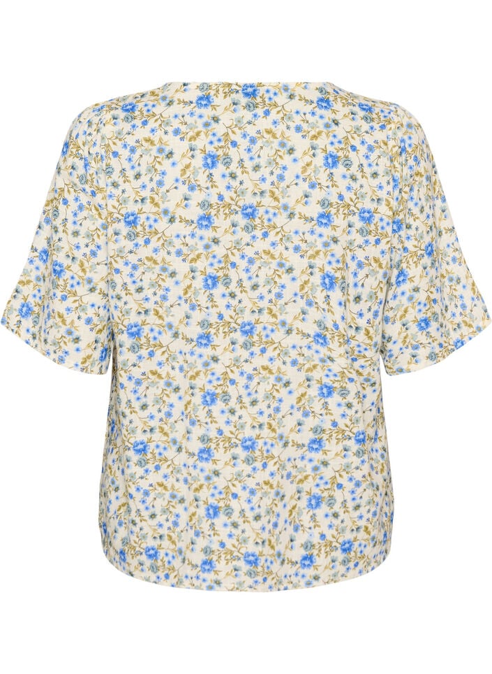 Katoenen shirt met korte mouwen en een V-hals, Blauw, Packshot