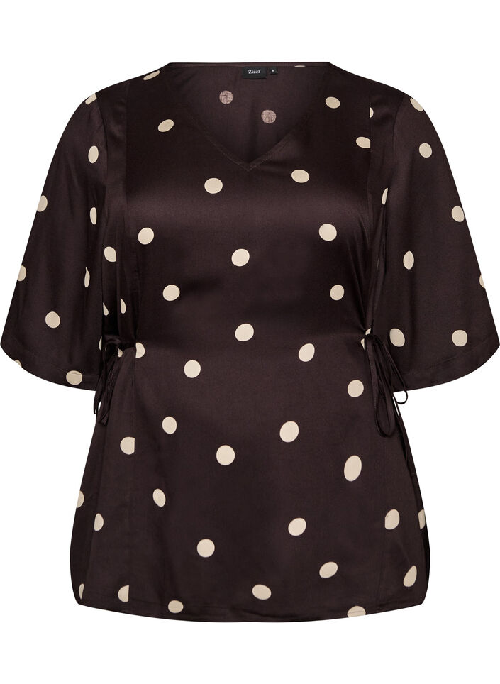 Polkadot viscose blouse met V-hals en striksluiting, Bruin, Packshot image number 0