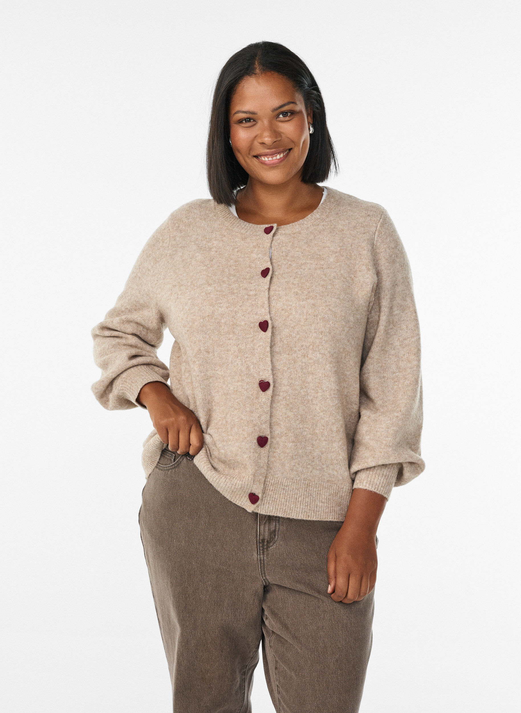 Cardigan met hartvormige knopen, Beige, Model