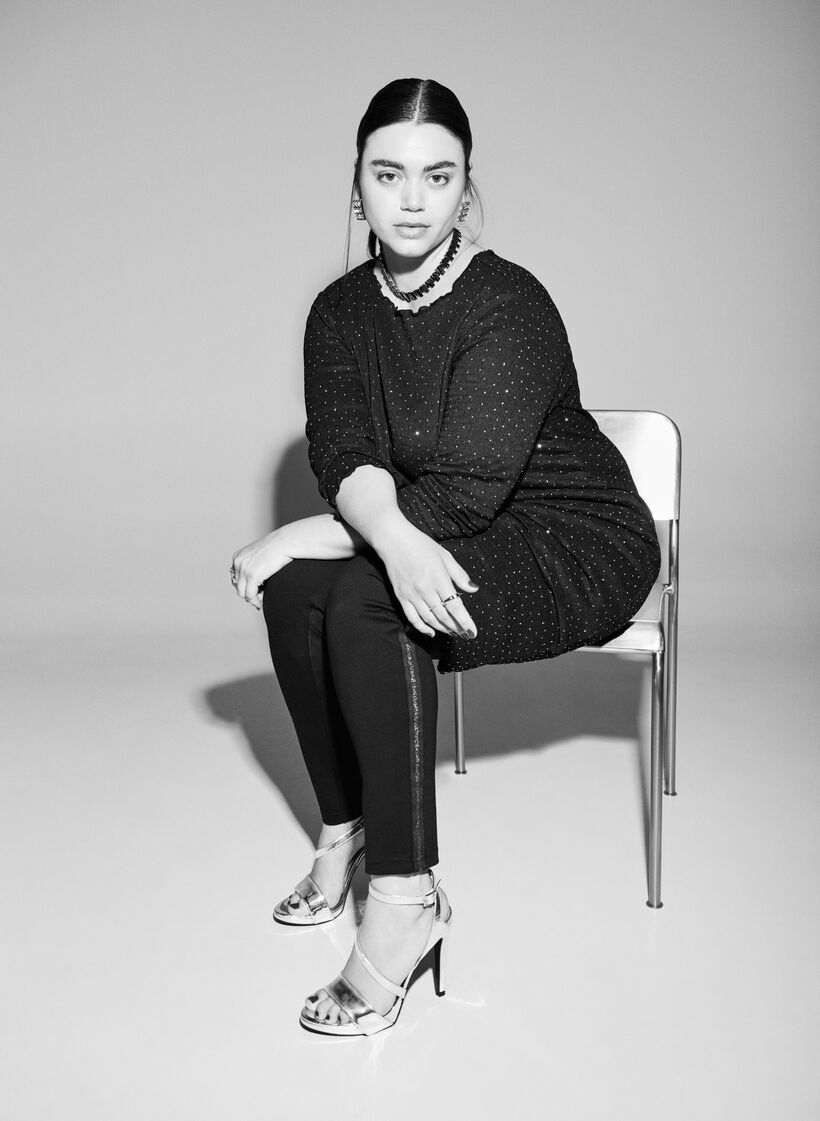 Leggings met glitterstreep en splits, Black, Image