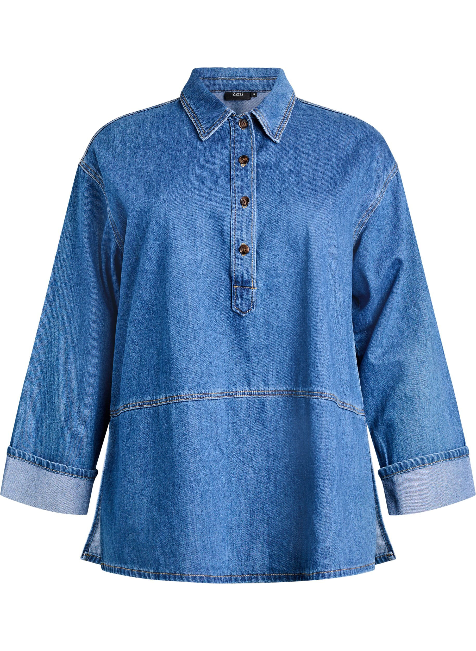 Losse denimblouse met kraag en knoopsluiting