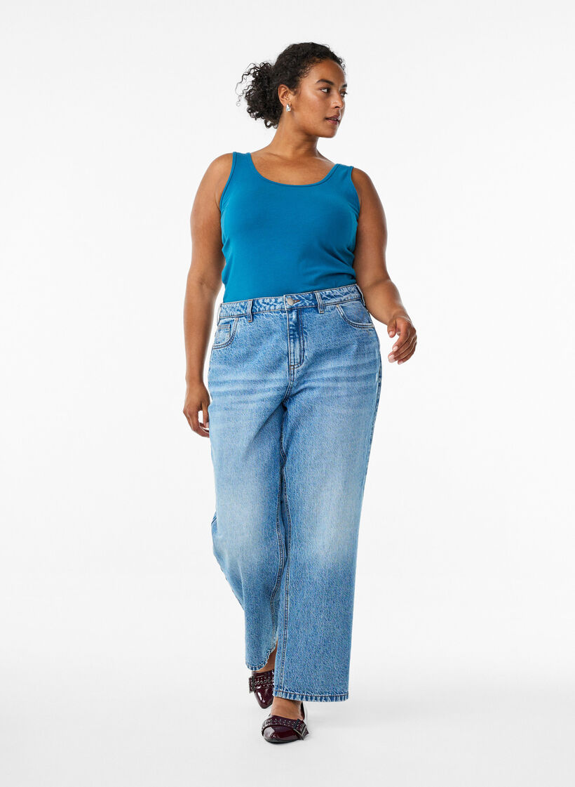 Solide kleur basis top in katoen, Blauw, Model image number 1