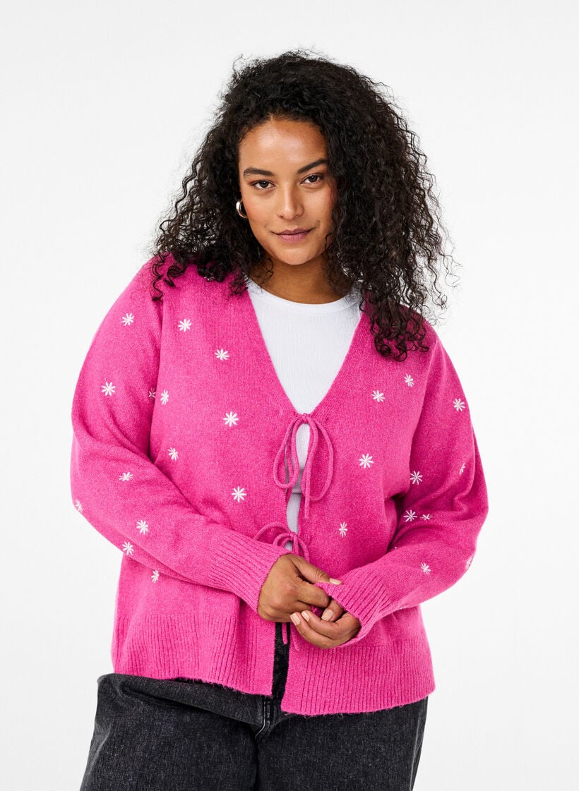 Gebreid cardigan met strikdetails en borduurwerk, Raspberry Rose Comb, Model image number 0