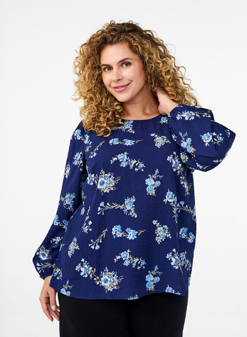 FLASH - Blouse met lange mouwen en kleine bloemen, Blue Flower, Model image number 0
