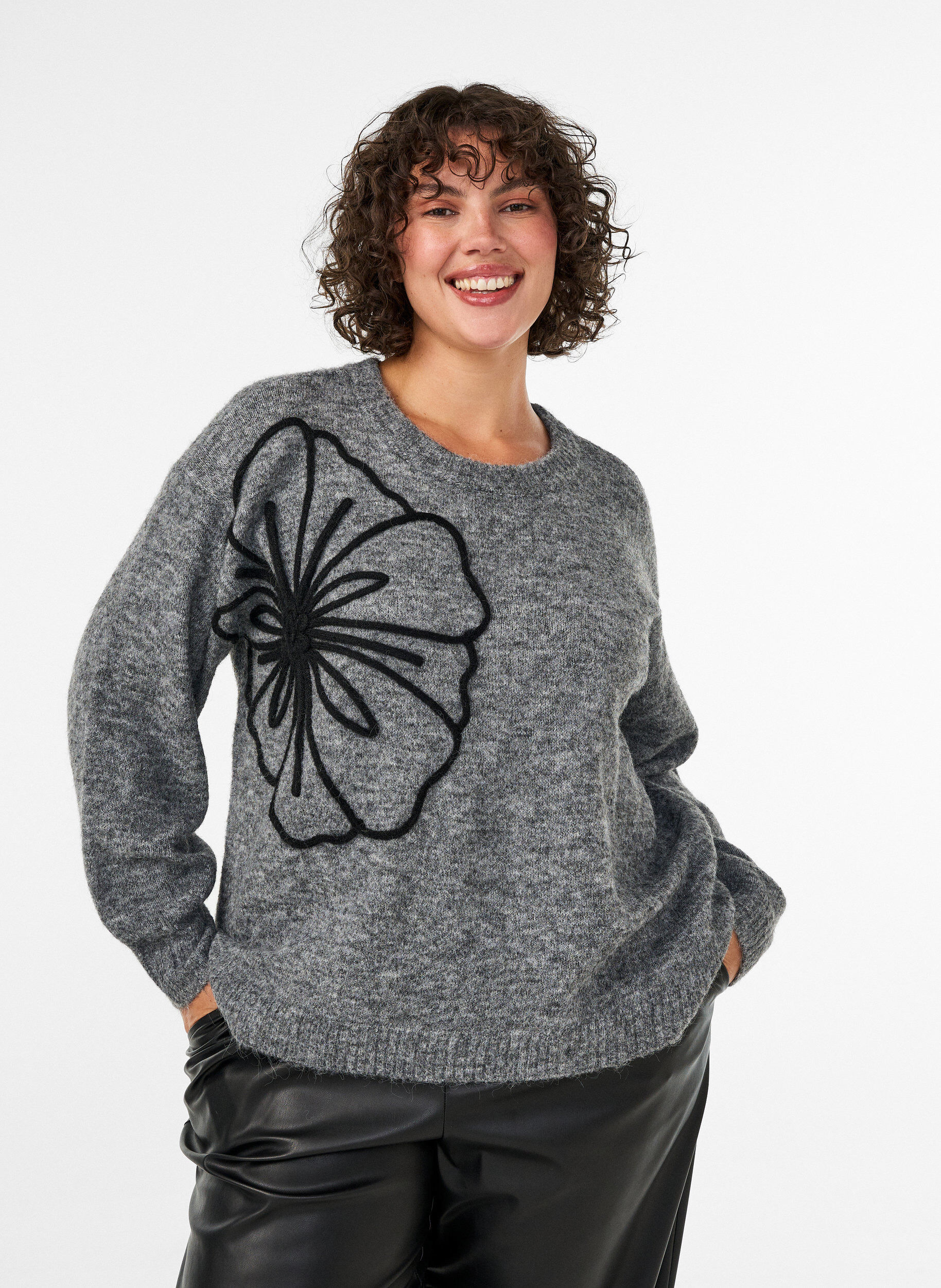 Jumper met bloemenapplicatie, Grijs, Model