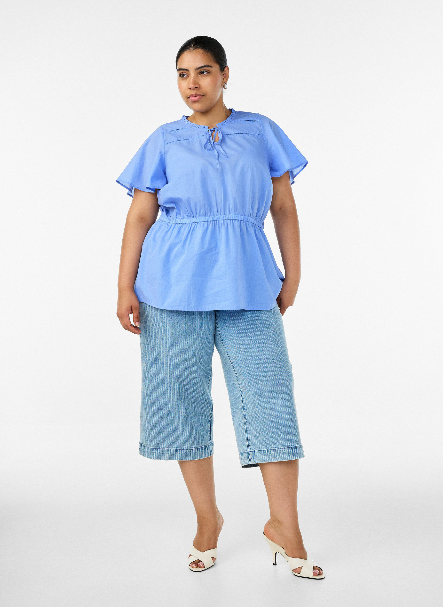 ZizziKatoenen blouse met strik en elastische taille, Blauw, Model image number 1