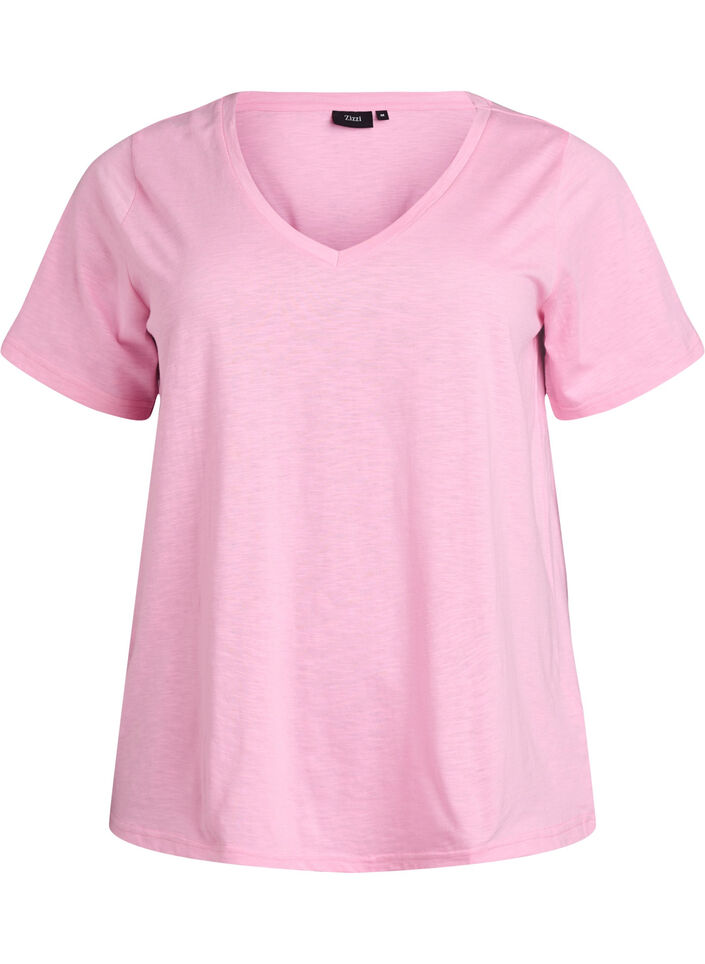 Basic t-shirt met korte mouwen en V-hals, Begonia Pink, Packshot