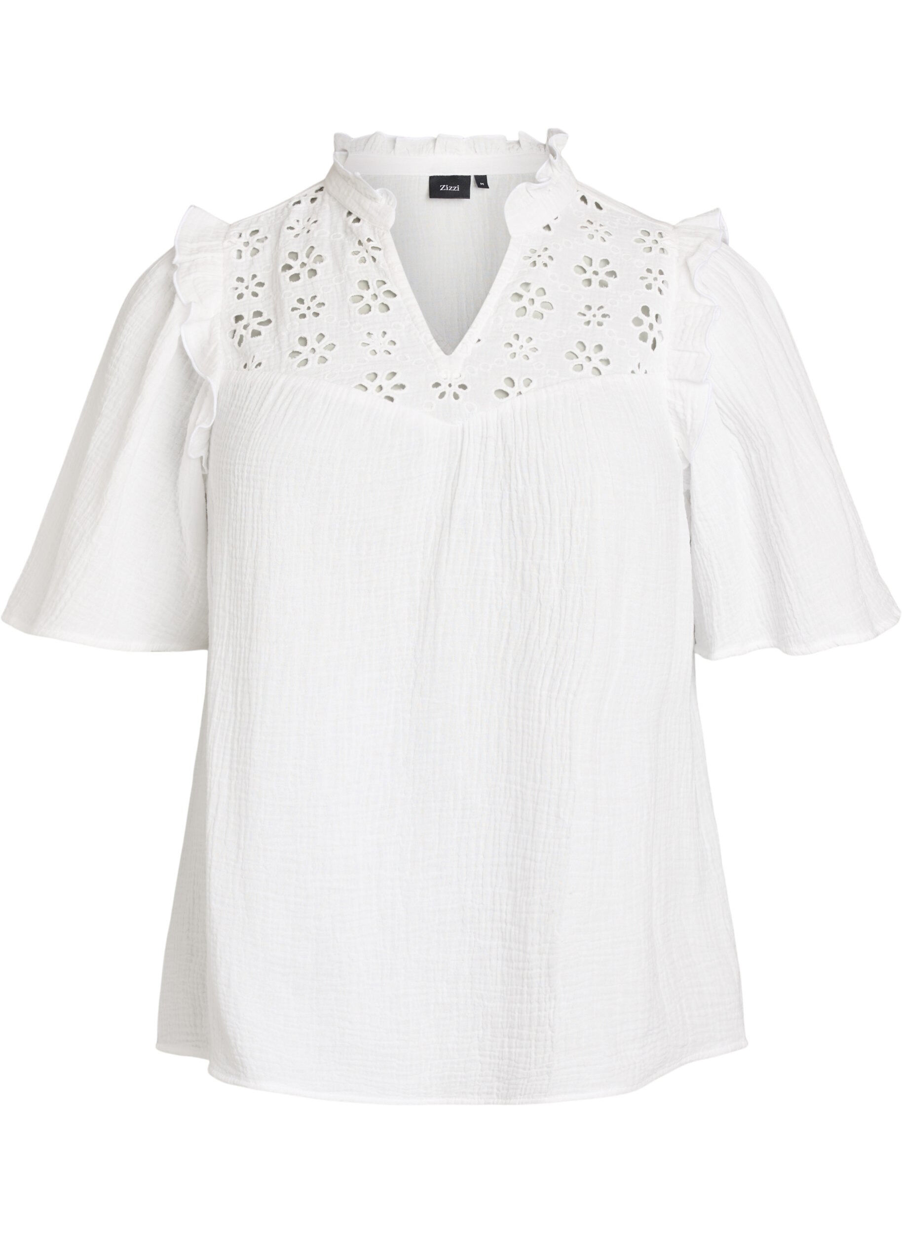 ZizziBlouse in katoen mousseline met broderie anglaise en 1/2 mouwen, Wit, Packshot image number 0