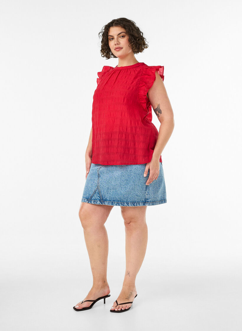 Blouse met textuur en ruches zonder mouwen, Rood, Model image number 1