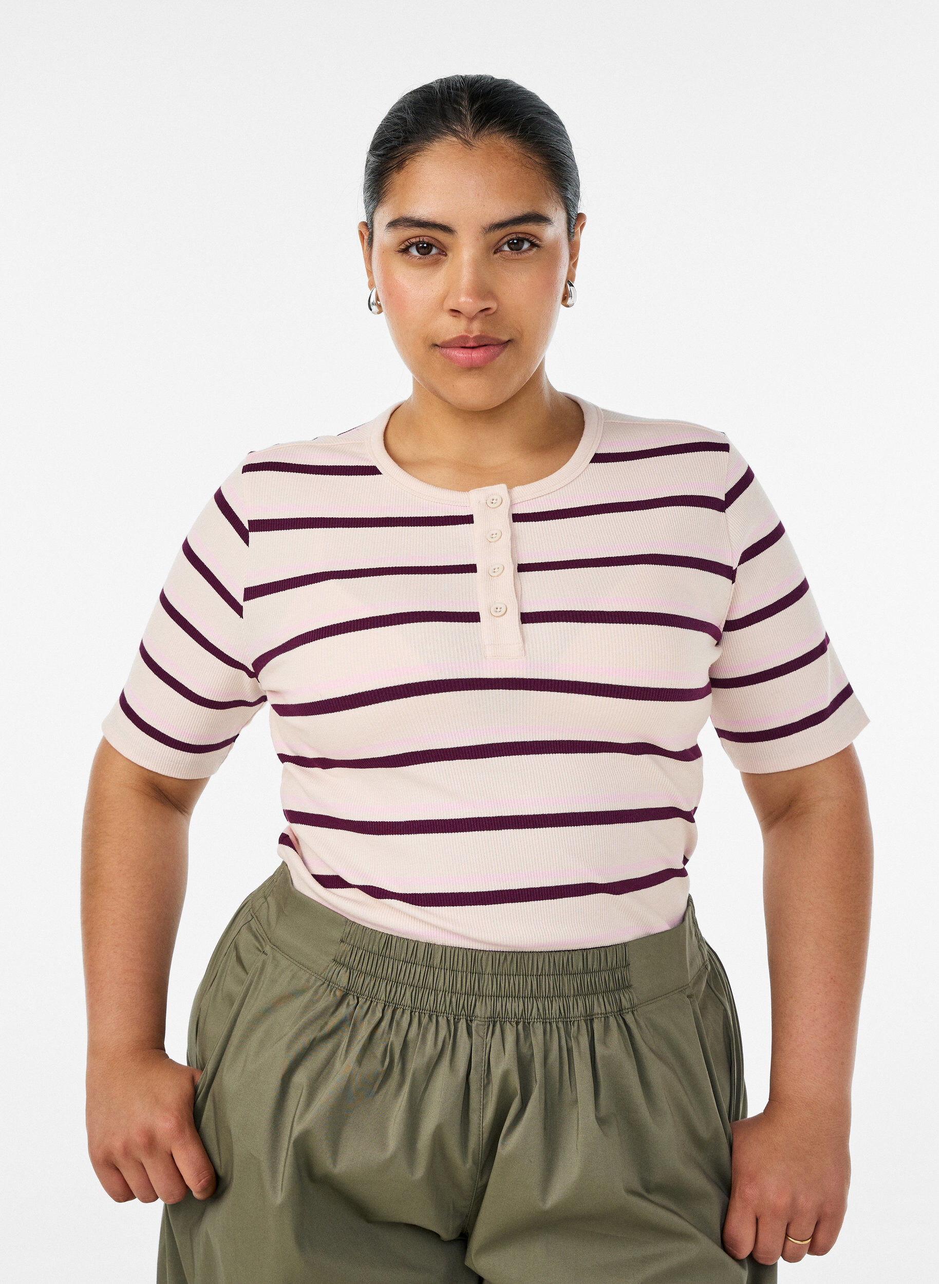 T-shirt met strepen en geribde knoopdetails, Paars, Model