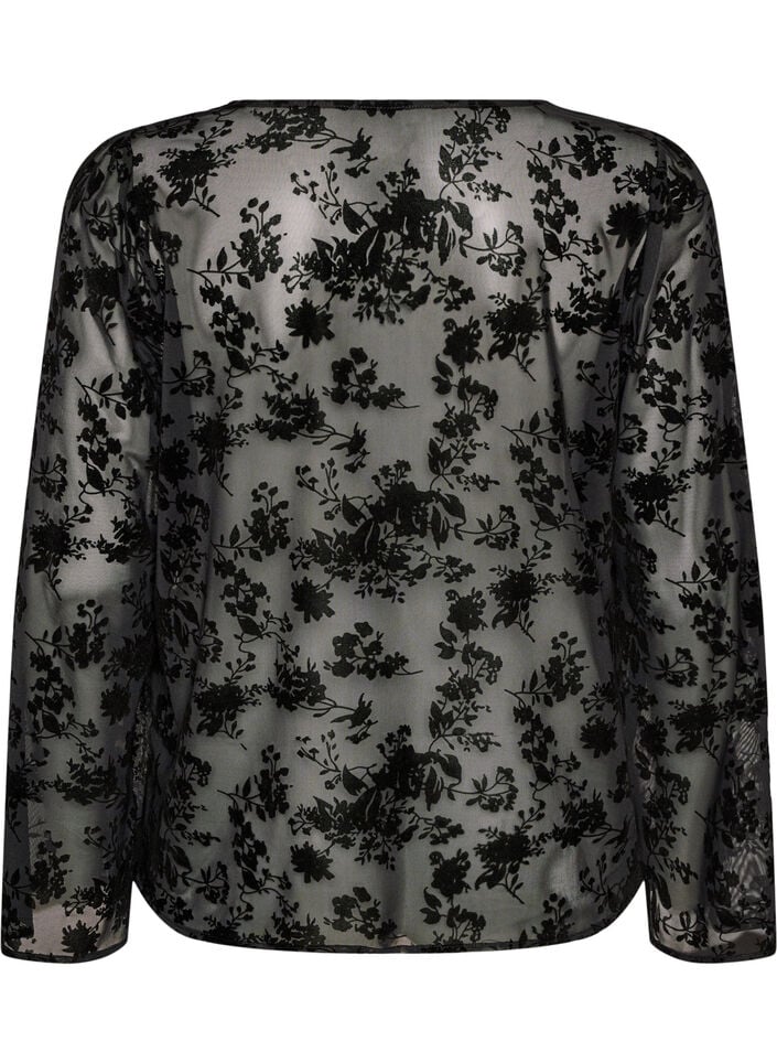 Mesh blouse met bloemenpatroon en open voorkant, Zwart, Packshot