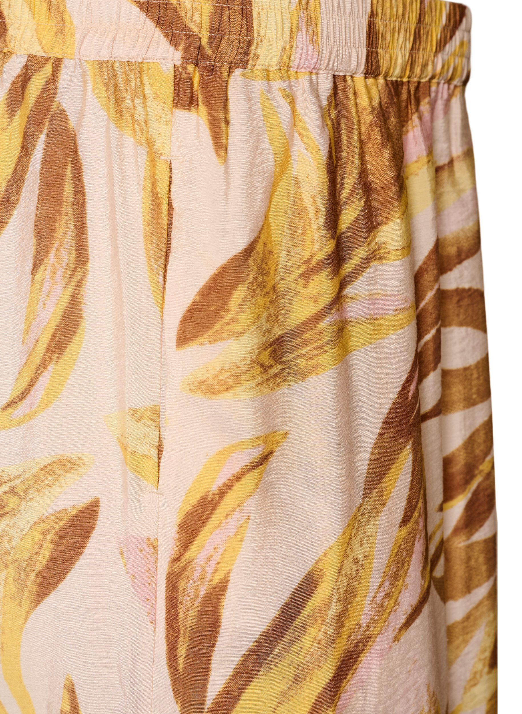 ZizziWijde broek met bladprint en hoge elastische taille, Geel, Packshot image number 3