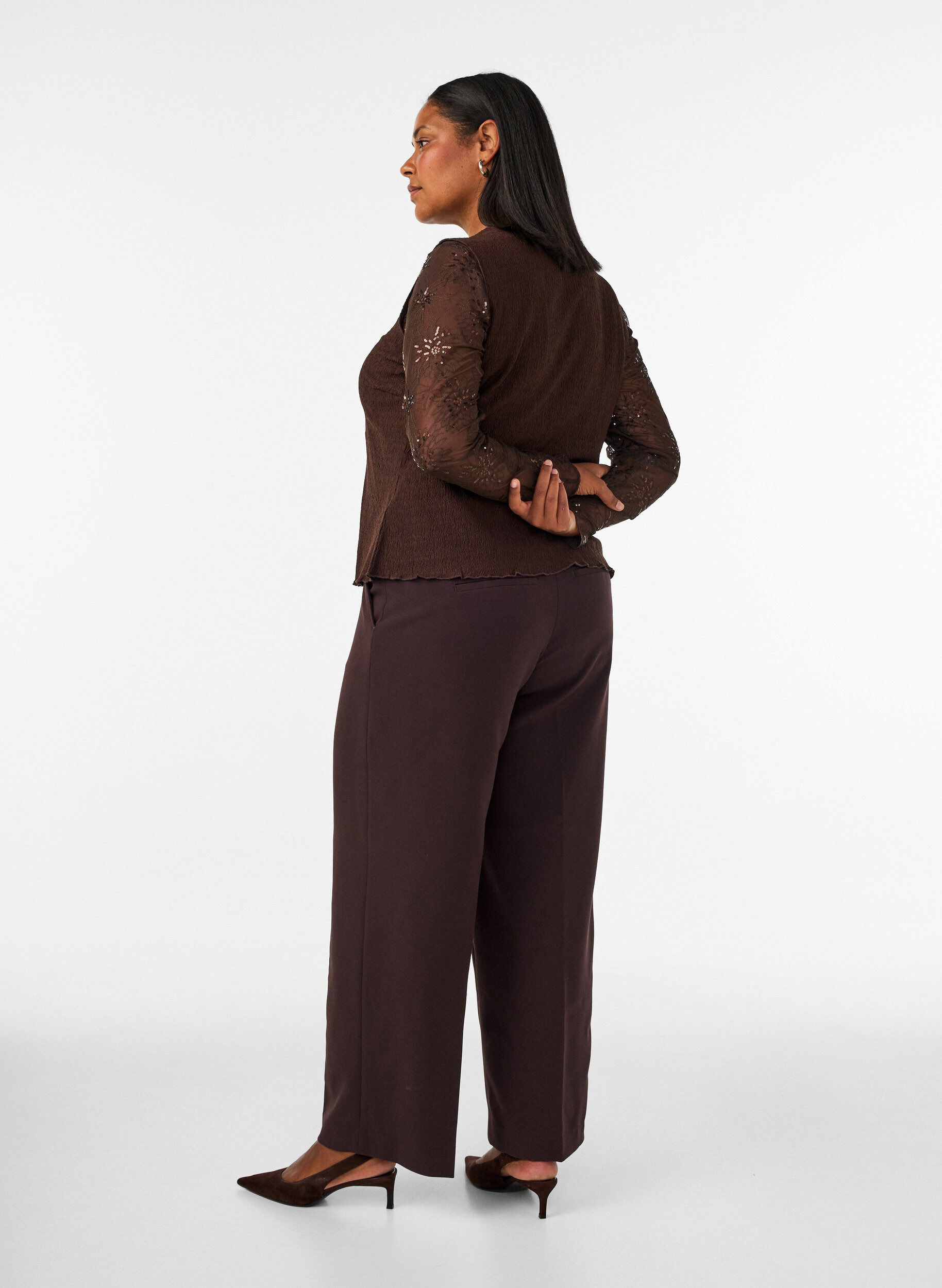 ZizziOp maat gemaakte broek met wijde pijpen en hoge taille, Bruin, Model image number 1