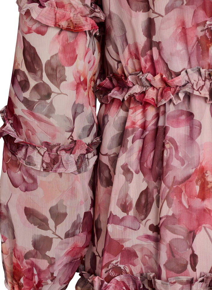 Midi-jurk met bloemenprint met ruches en doorschijnende mouwen, Roze, Packshot image number 3