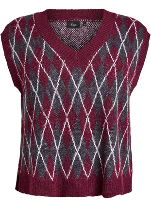 ZizziGebreid vest met een V-hals en argyle patroon, Winetasting Melange, Packshot image number 0