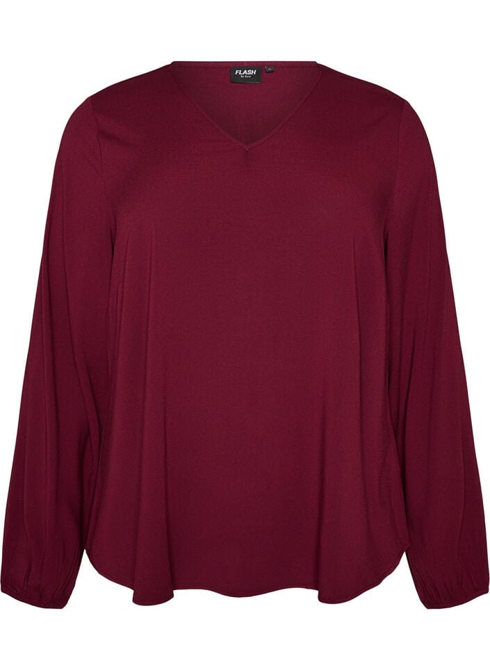 Viscose blouse met V-hals en afgeronde zoom, Rood, Packshot image number 0