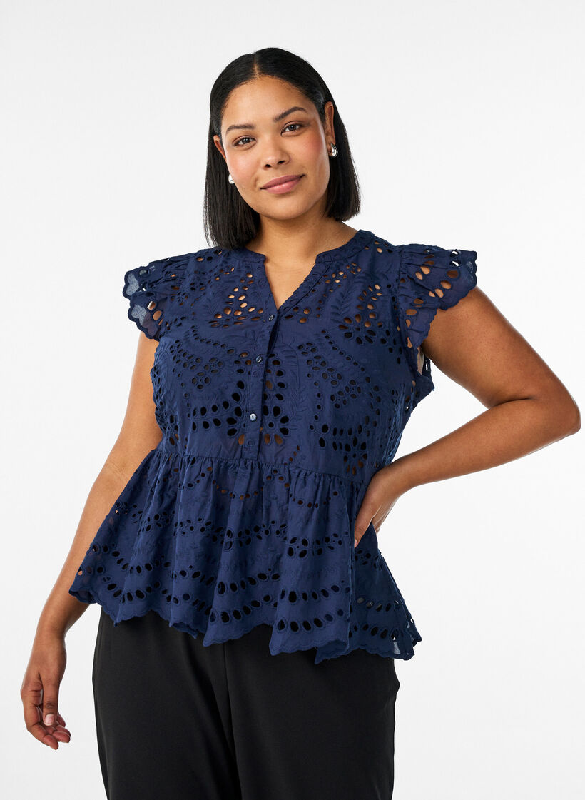 Blouse sans manches en broderie anglaise avec volants, Bleu, Model image number 0