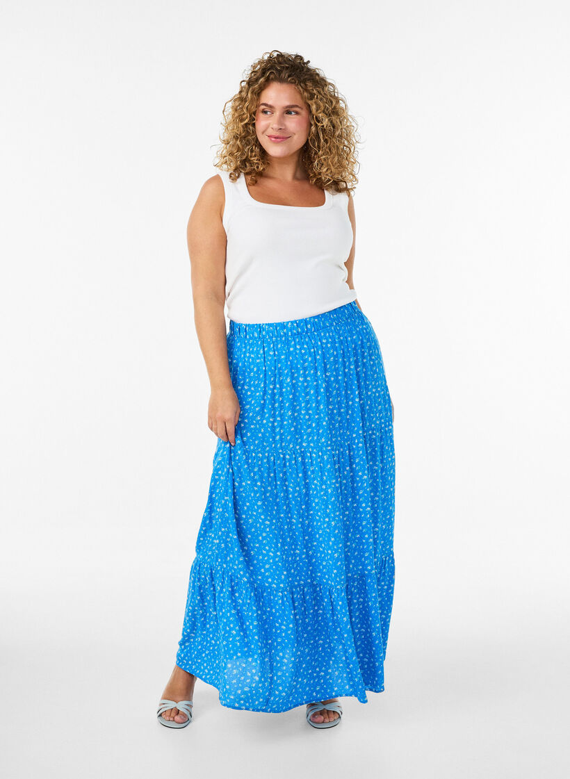 Lange rok met elastiek in de taille, Blauw, Model image number 0