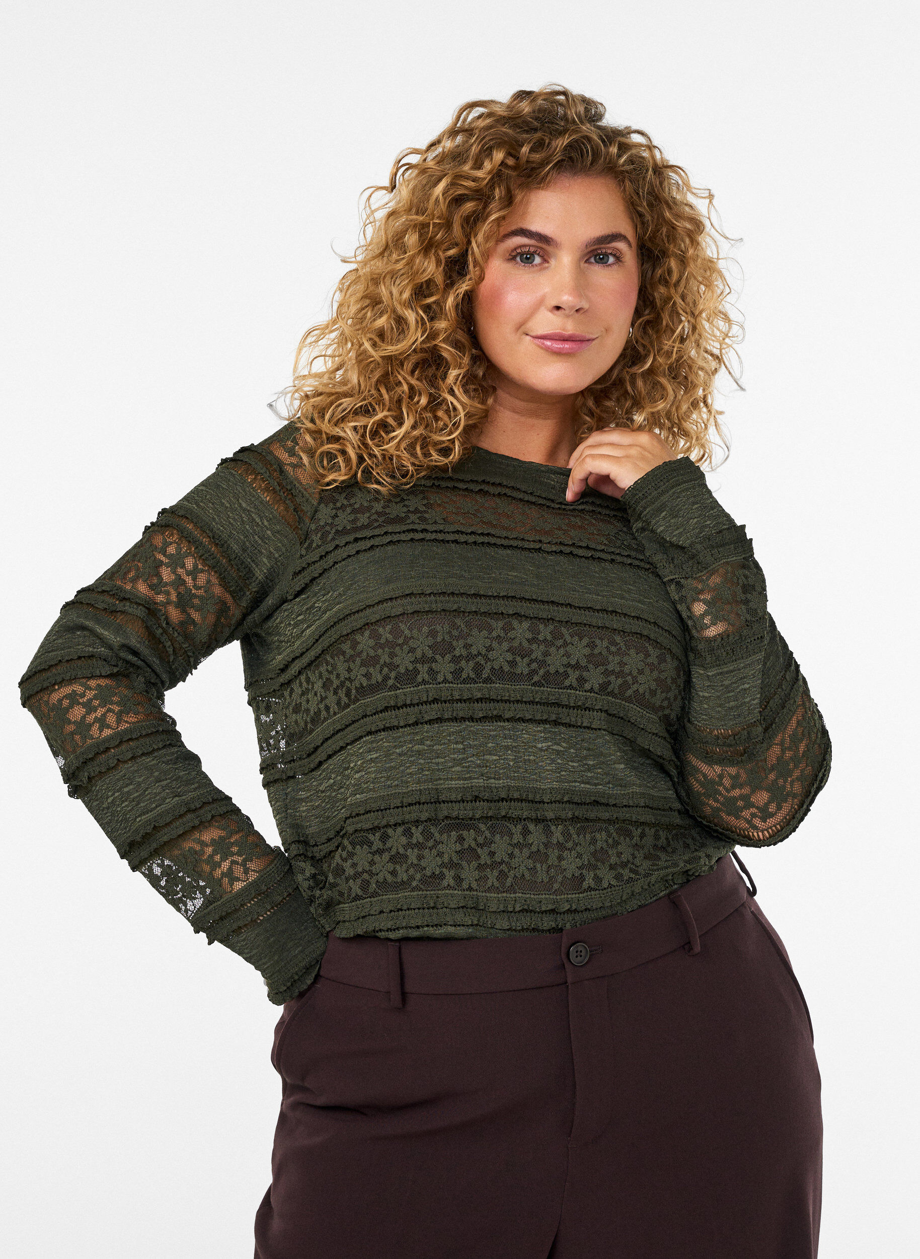 Kanten blouse met lange mouwen, Groen, Model