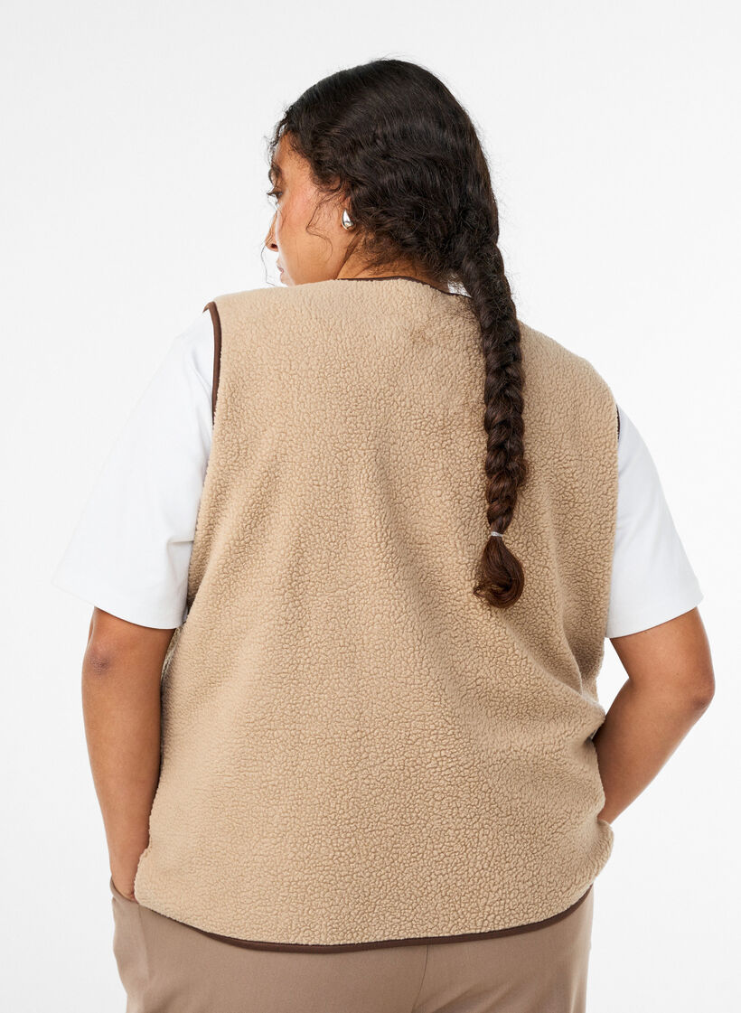 Teddy-fleecevest met contrasterende boorden, Beige, Model image number 2