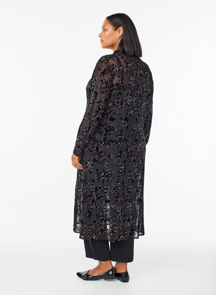Halflange meshjurk met velours rozen, Zwart, Model image number 1