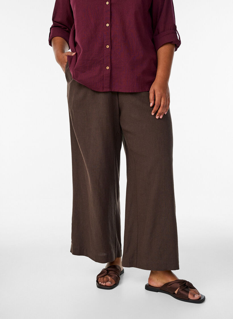Wijde linnen en viscose broek, Bruin, Model image number 2