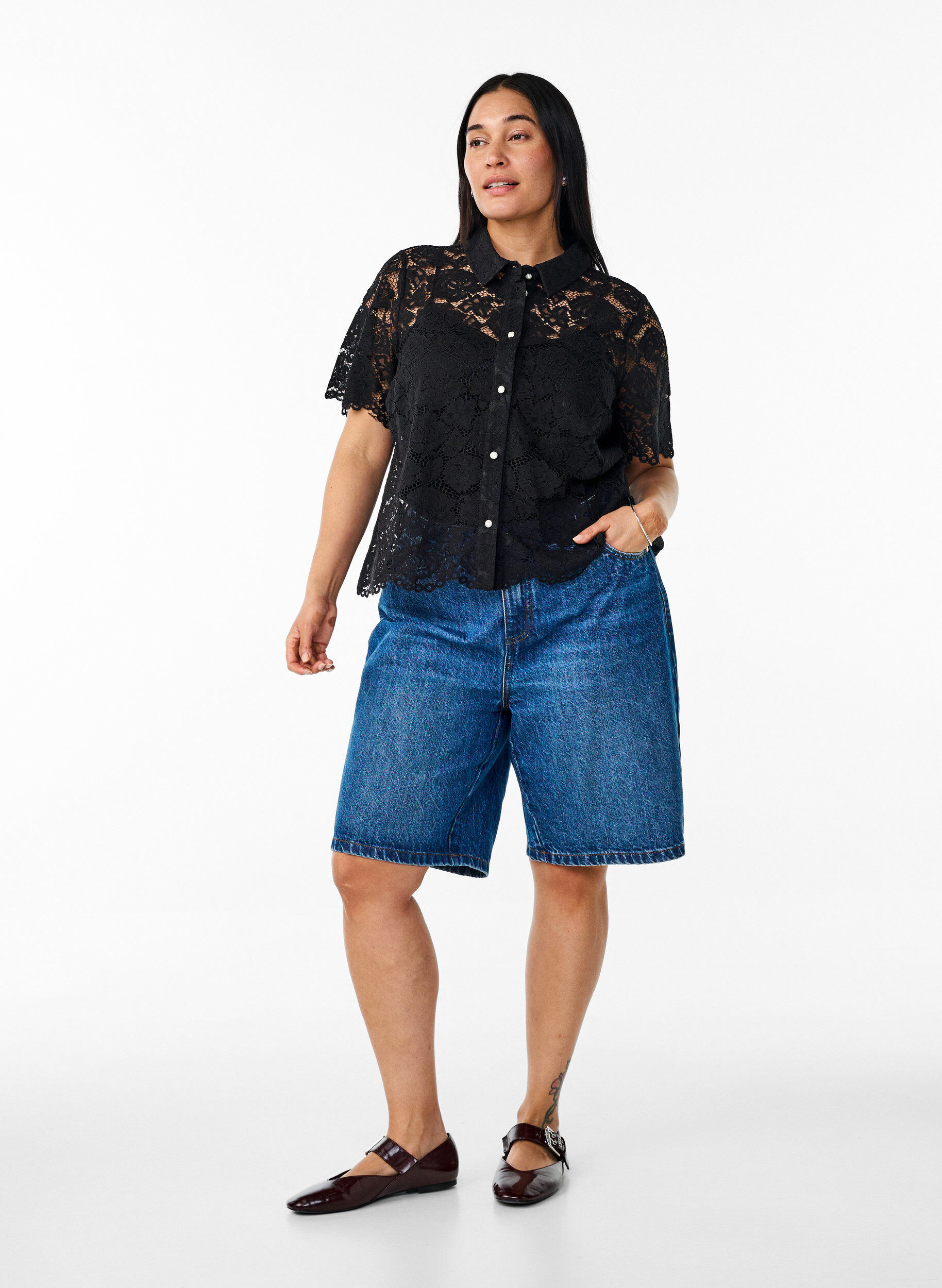 ZizziKanten shirt blouse met parelknopen, Zwart, Model image number 1