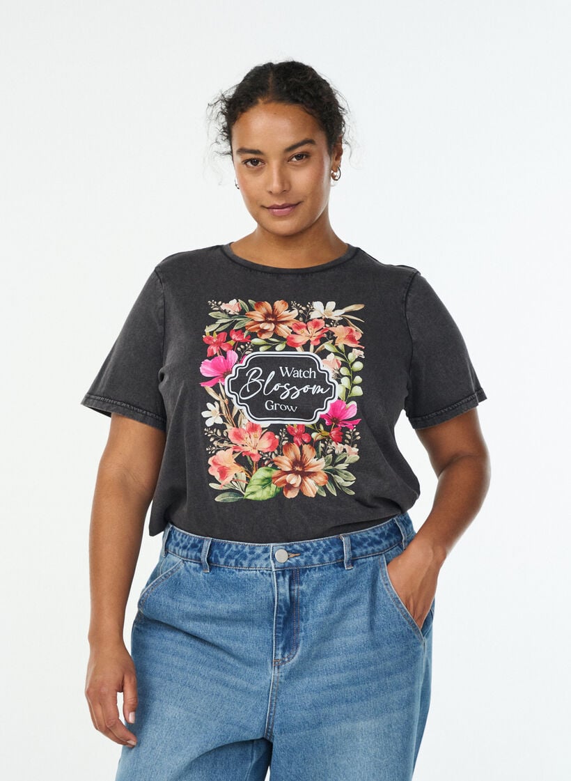 Organisch katoenen T-shirt met print, Grijs, Model