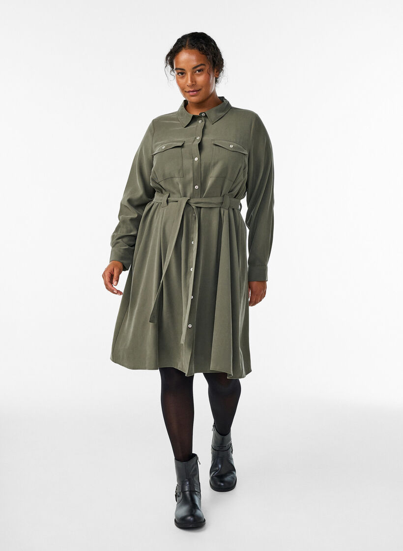 Shirtjurk met strikceintuur en lange mouwen, Groen, Model image number 1