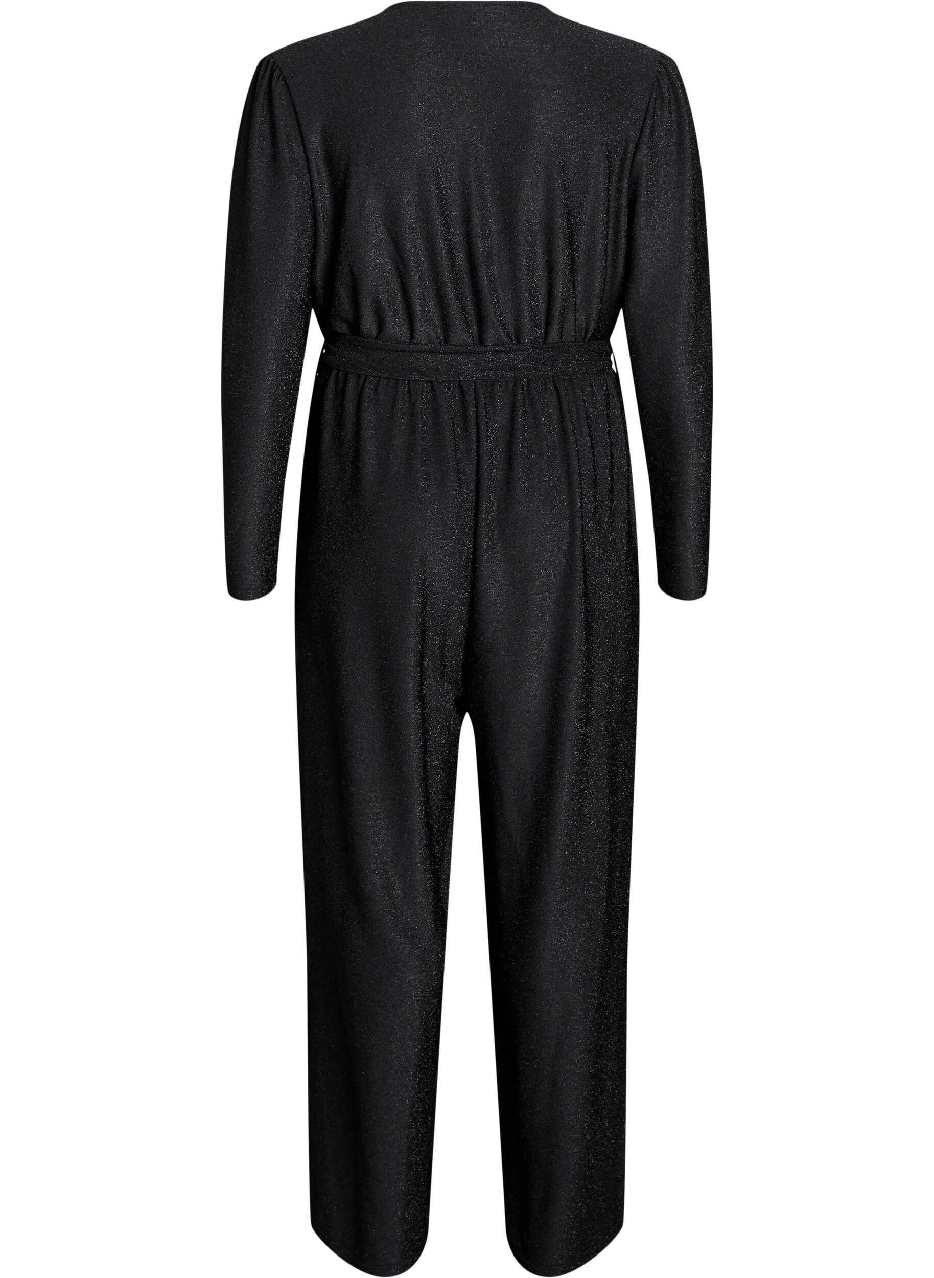 ZizziJumpsuit met glitter en strikceintuur, Zwart, Packshot image number 1