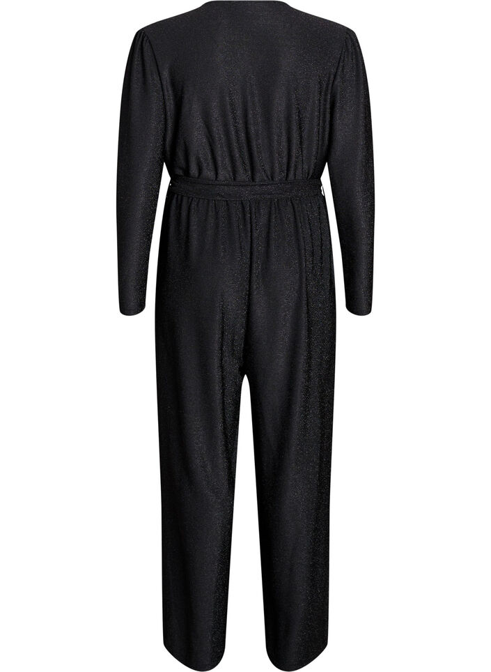 Jumpsuit met glitter en strikceintuur, Zwart, Packshot image number 1
