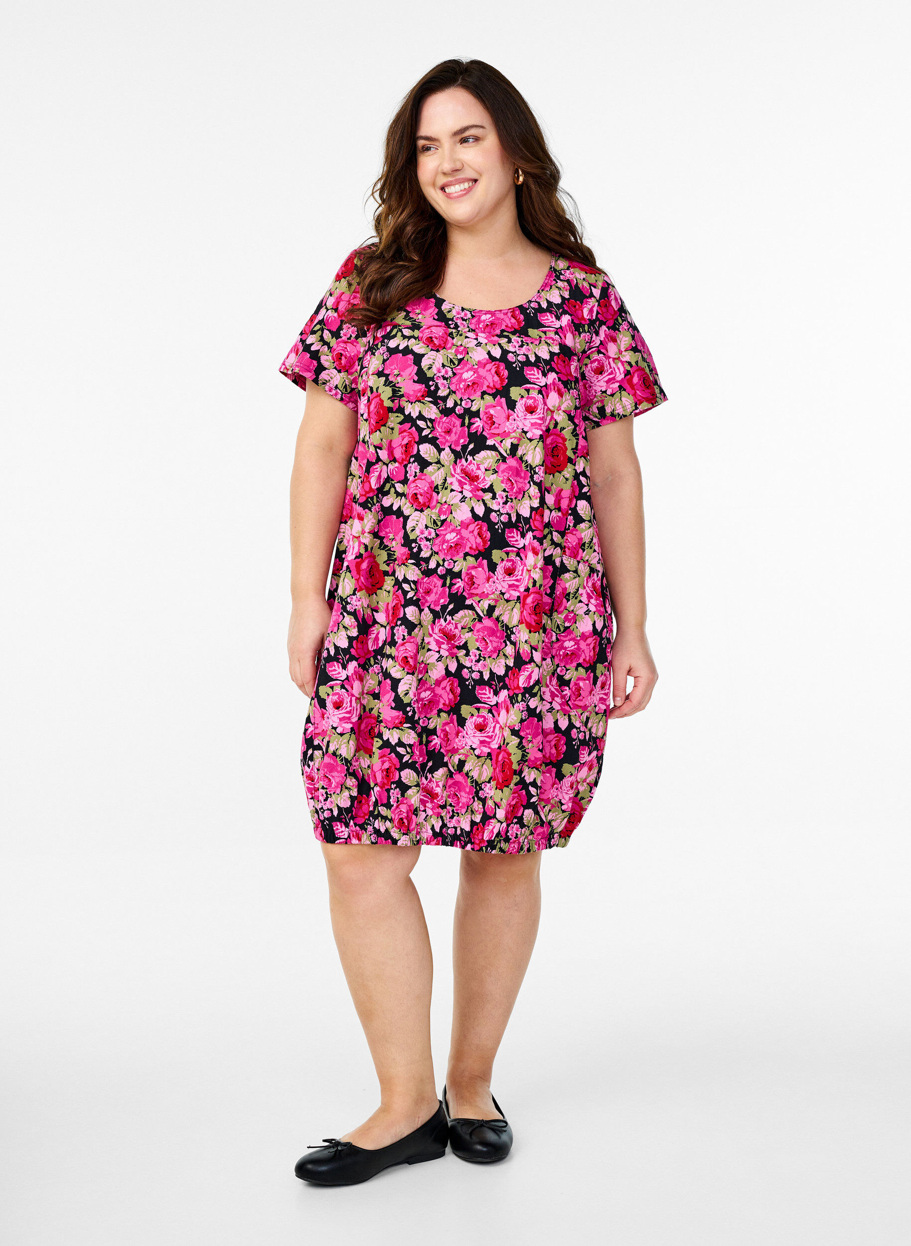 ZizziKatoenen jurk met korte mouwen en print, Zwart, Model image number 1