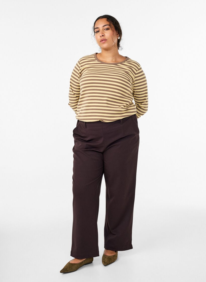 Gestreepte blouse met lange mouwen, Bruin, Model image number 1