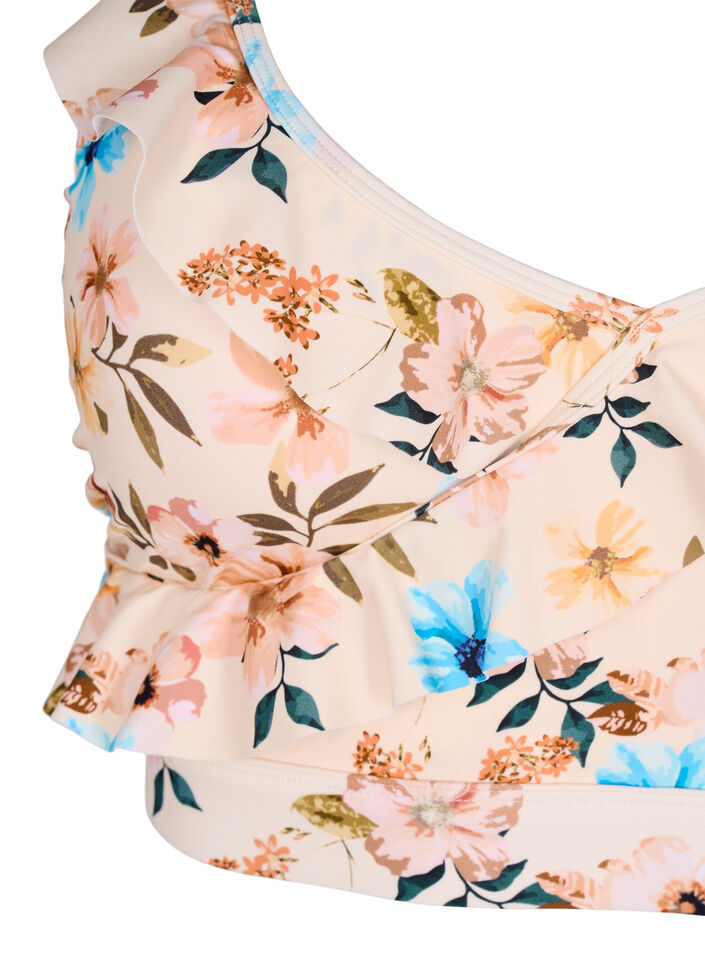 Bloemen bikinitop met ruches, Beige, Packshot image number 2