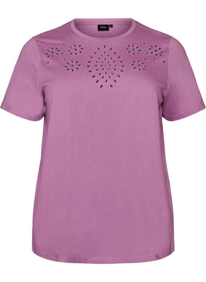 T-shirt van biologisch katoen met open broderie, Paars, Packshot image number 0