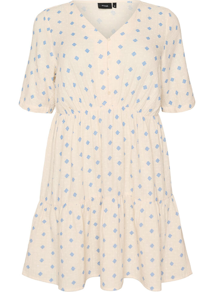 Gebloemde katoenen jurk met een elastische taille, Beige, Packshot image number 0