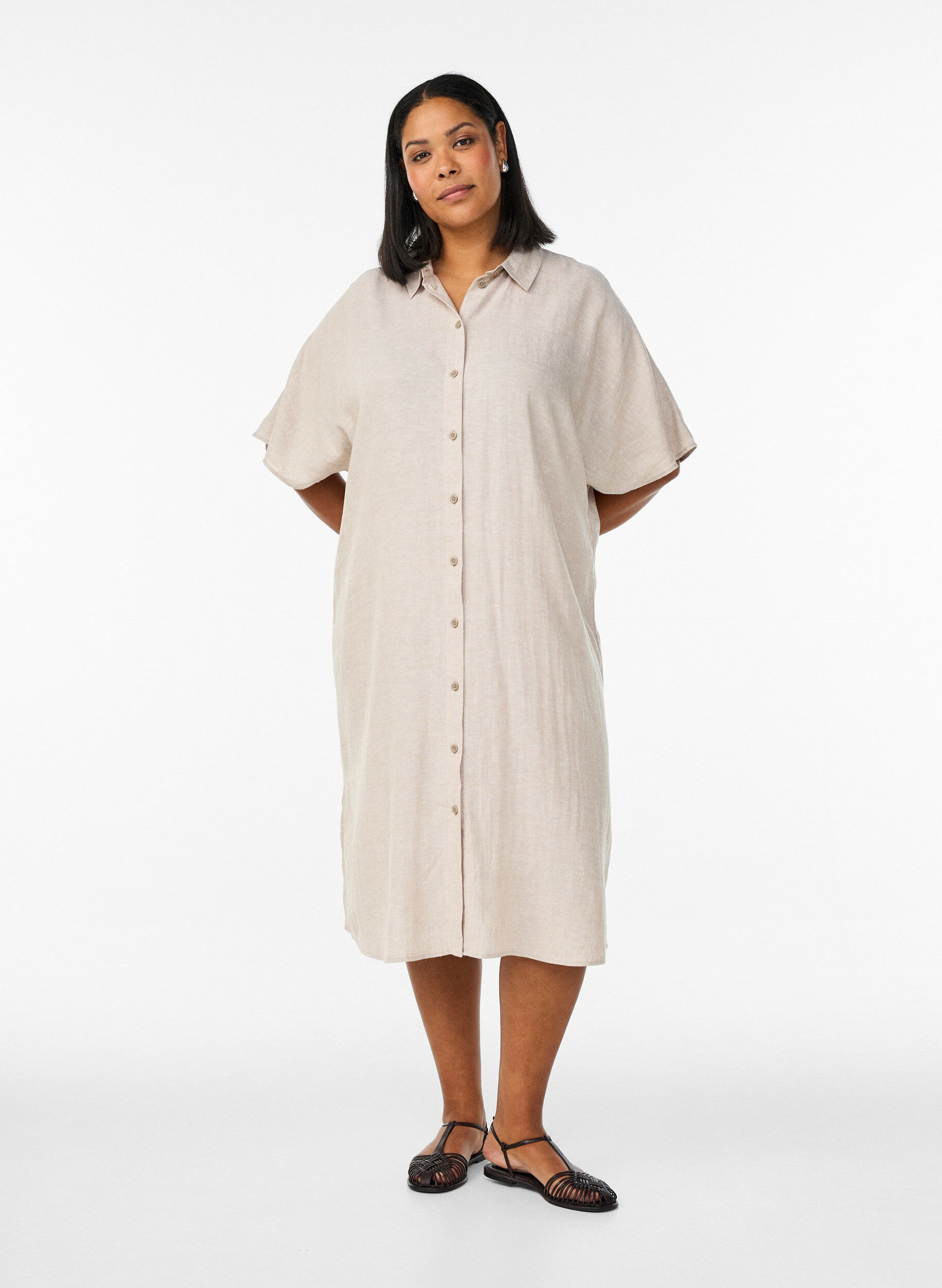 ZizziShirtjurk in linnen en viscose met korte mouwen, Beige, Model image number 1