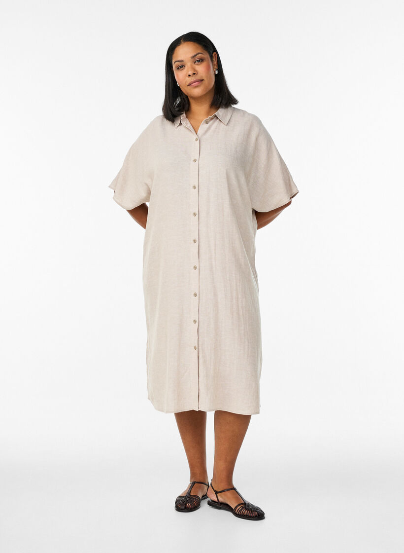 Shirtjurk in linnen en viscose met korte mouwen, Beige, Model image number 1