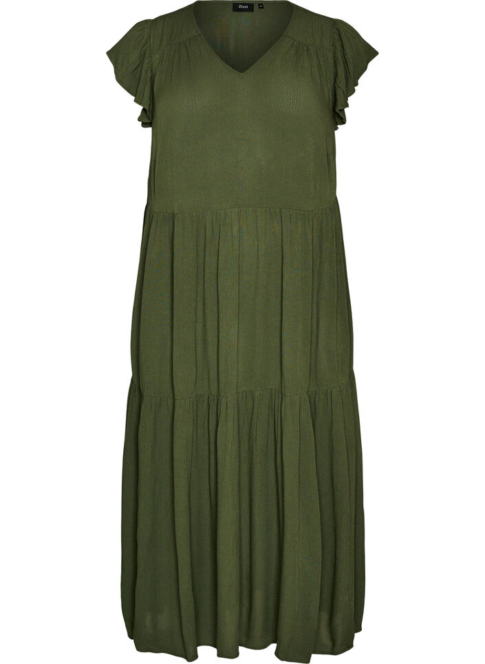 Midi jurk van viscose met ruches mouwen, Groen, Packshot