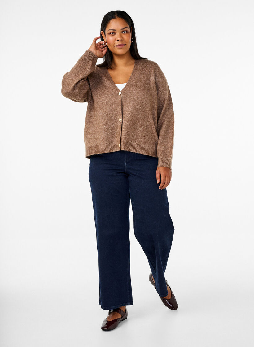 Gebreide cardigan met wol en hartvormige knopen, Fossil Mel., Model