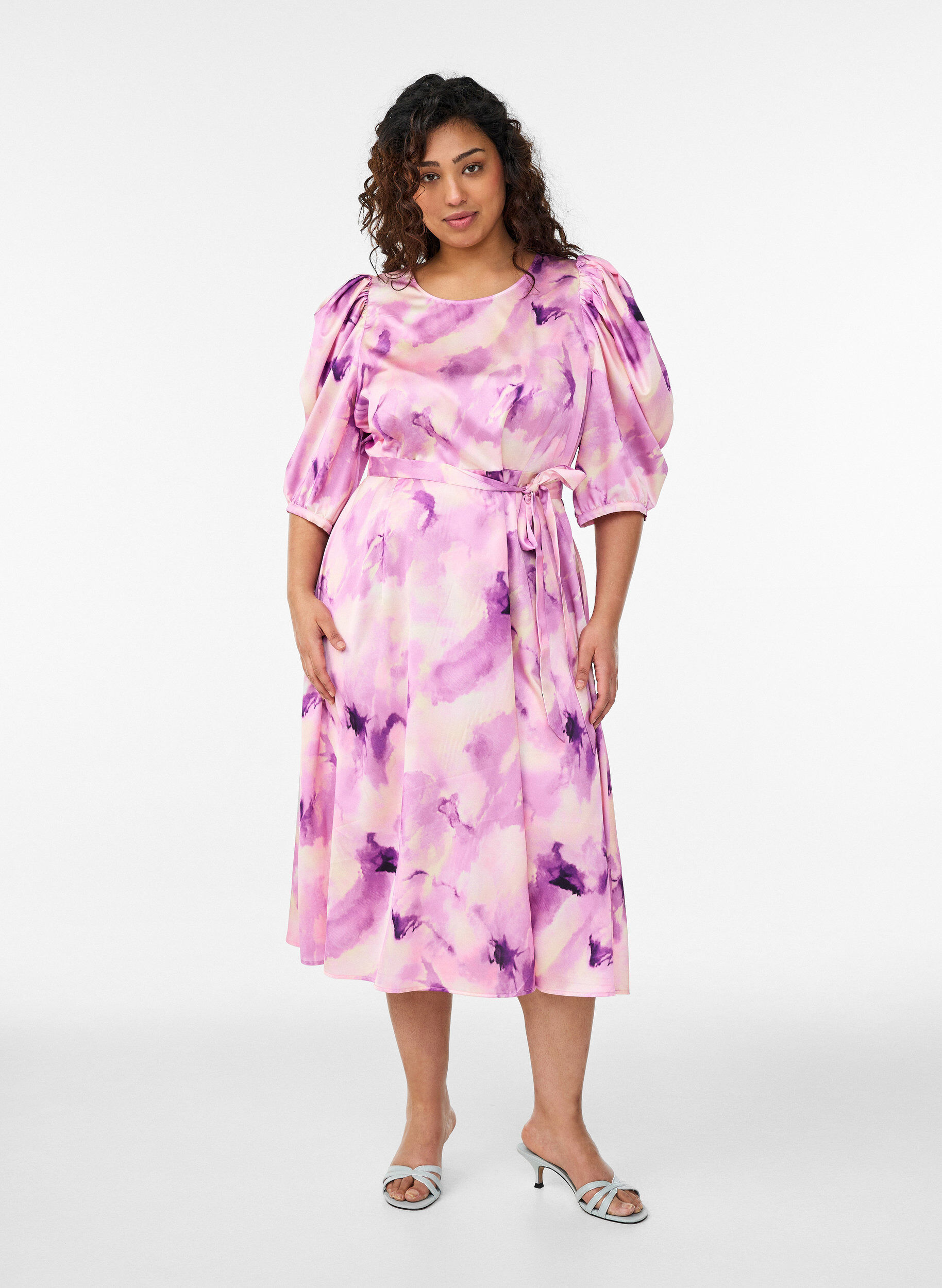 Feestjurk met korte mouwen en strikceintuur, Paars, Model