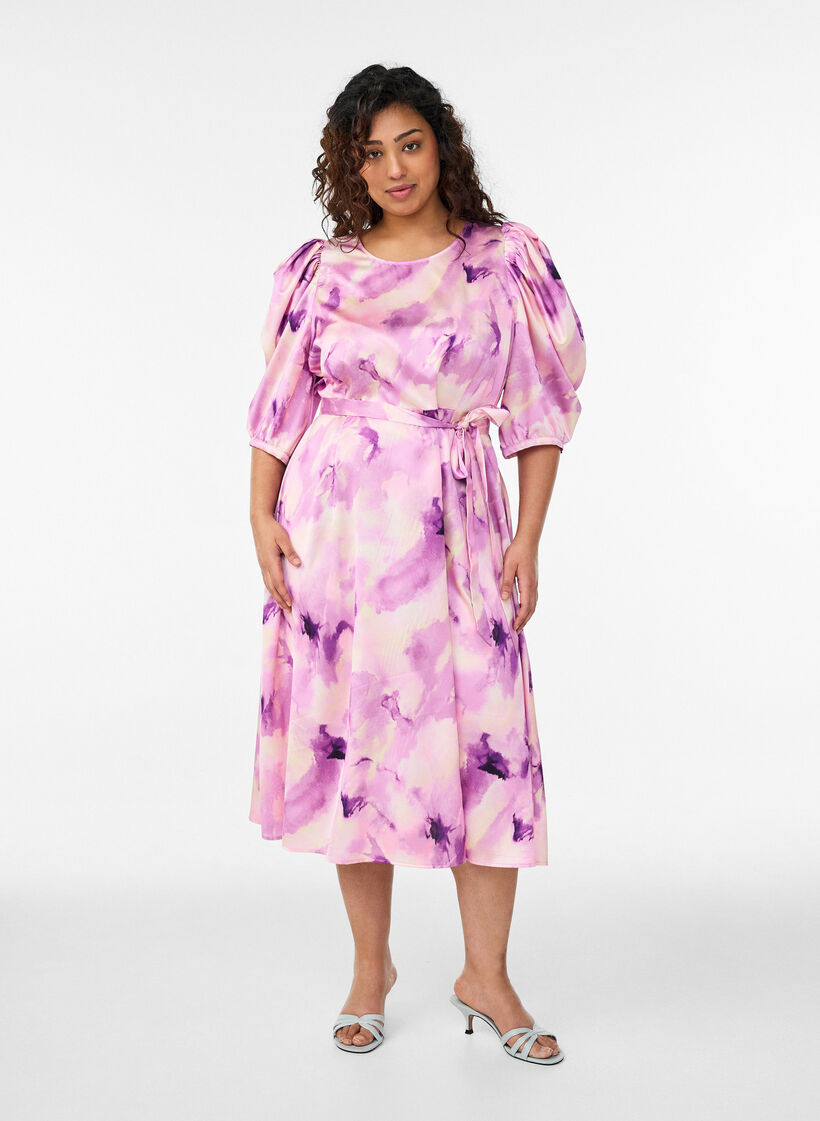 Feestjurk met korte mouwen en strikceintuur, Paars, Model image number 0