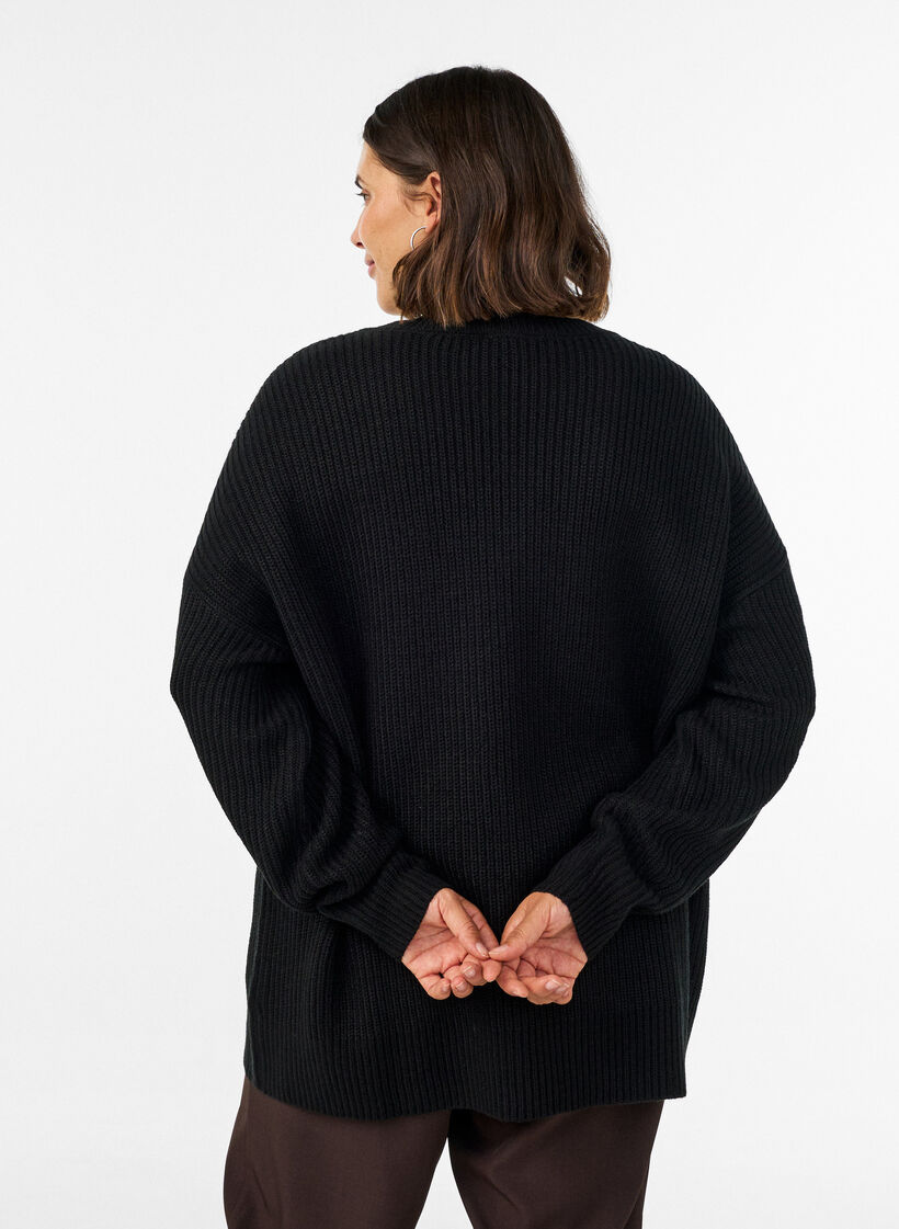Lange ribgebreide blouse met V-hals, Zwart, Model image number 2